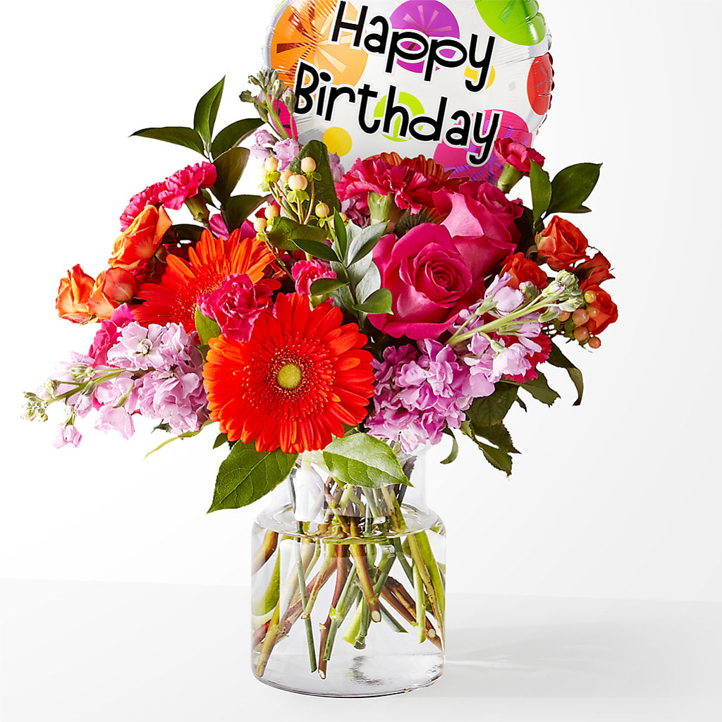 Fiesta Bouquet with Birthday Balloon – Thompson Country Florist, Wintersville OH