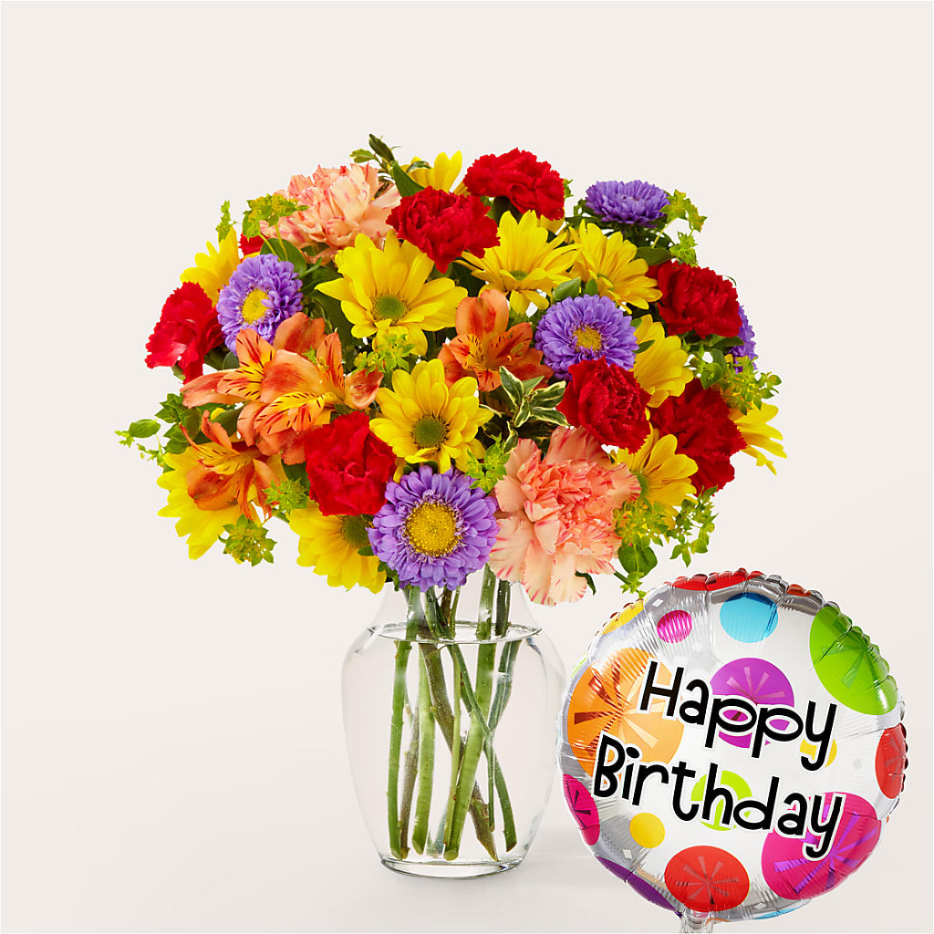 Kaleidoscope Bouquet with Birthday Balloon – Thompson Country Florist, Wintersville OH
