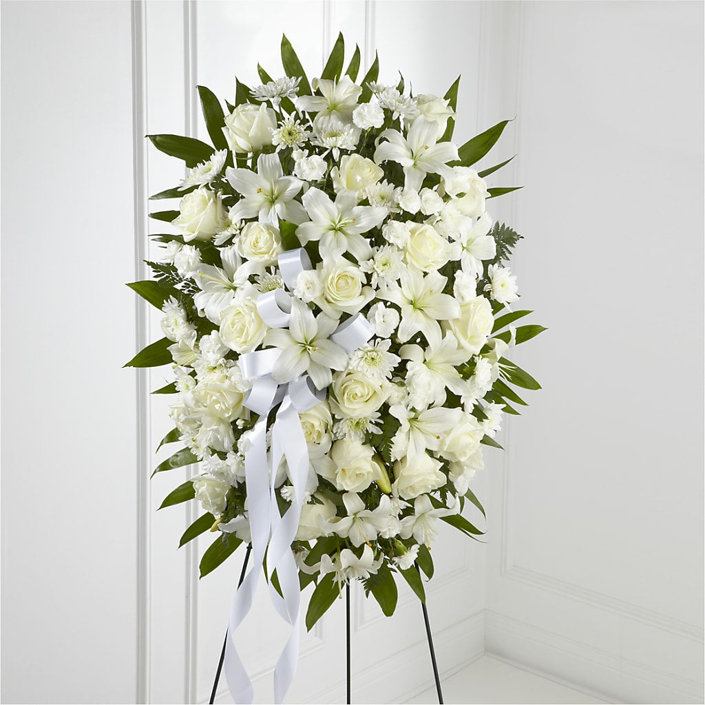 Exquisite Tribute Standing Spray-White Ribbon – Thompson Country Florist, Wintersville OH