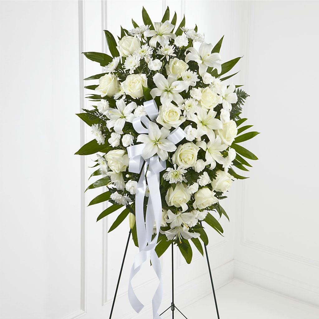 Exquisite Tribute Standing Spray-White Ribbon – Thompson Country Florist, Wintersville OH